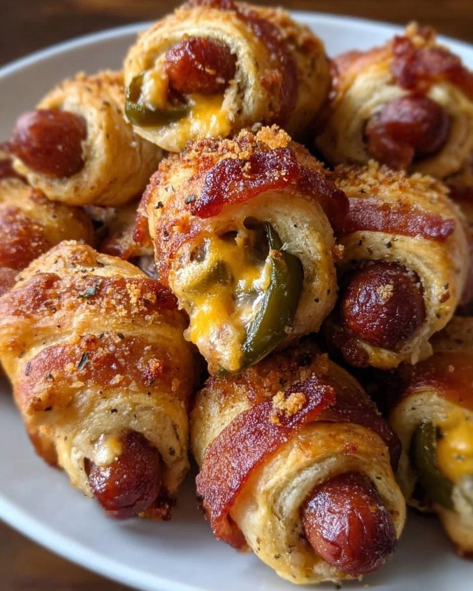 Jalapeno popper pigs in a blanket topped with cheese and spices on a platter