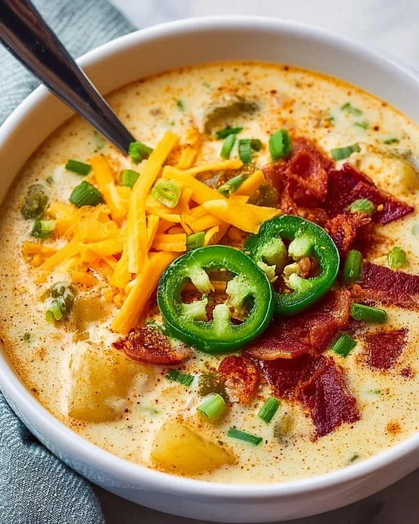 Delicious bowl of jalapeno popper potato soup garnished with bacon and cheese