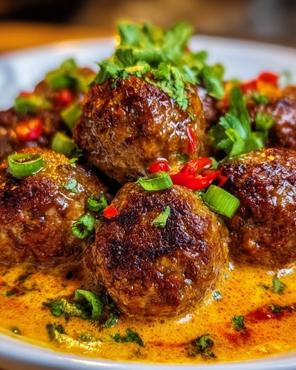 Delicious jerk meatballs served in coconut curry sauce