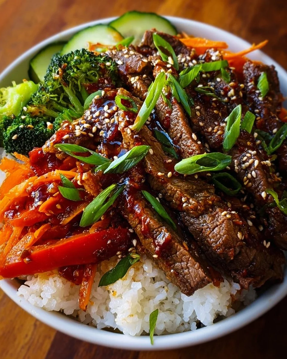 Korean BBQ steak rice bowl with fresh vegetables and savory sauce