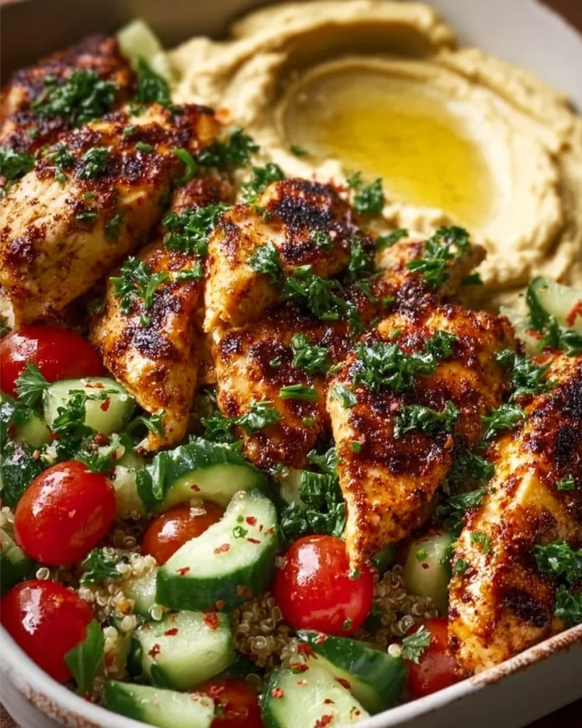 Lemon Chili Grilled Chicken Bowl with colorful vegetables and rice