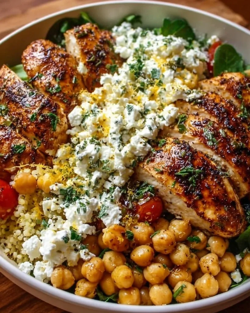 Lemon-herb chicken bowl with fresh vegetables and rice
