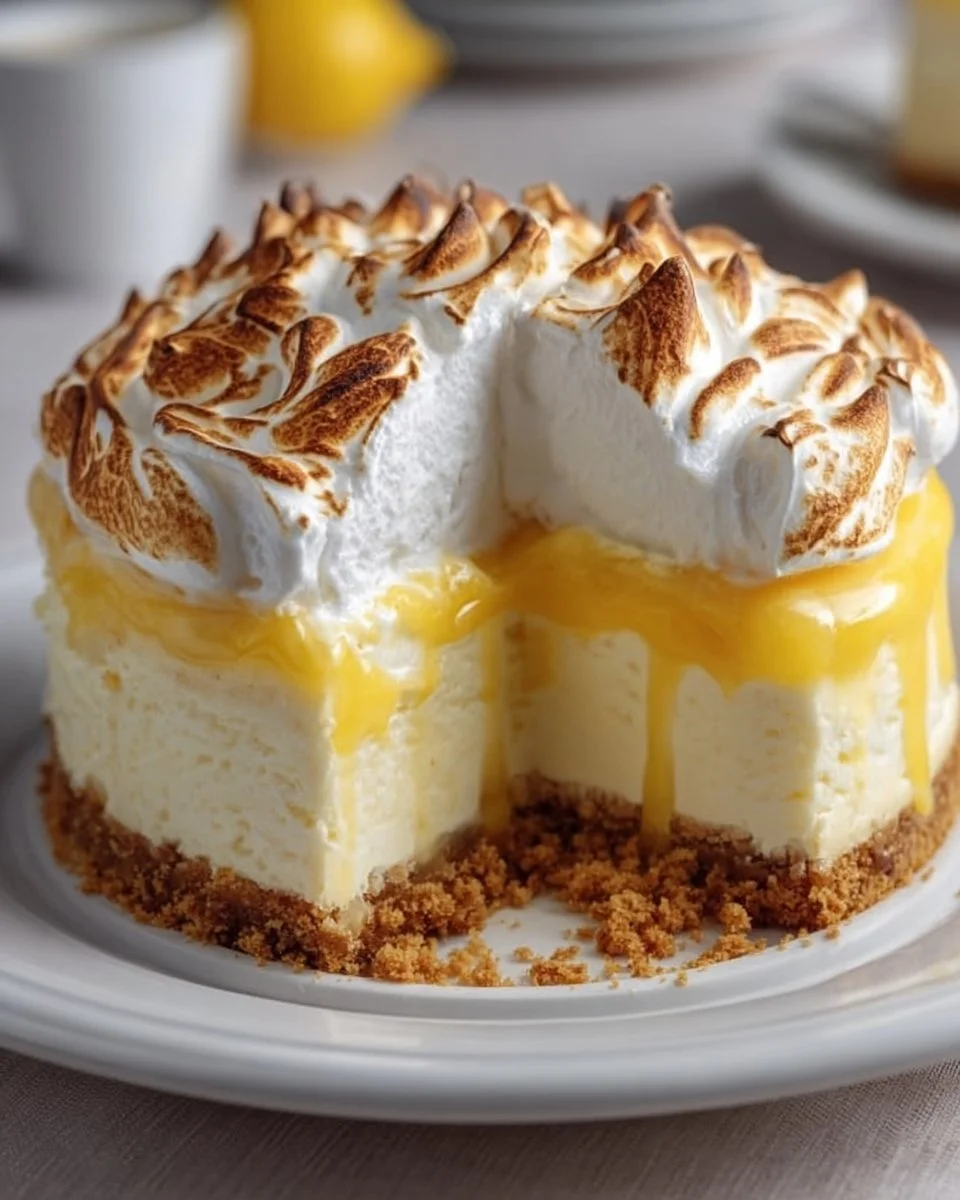 A delicious slice of Lemon Meringue Cheesecake topped with fluffy meringue.