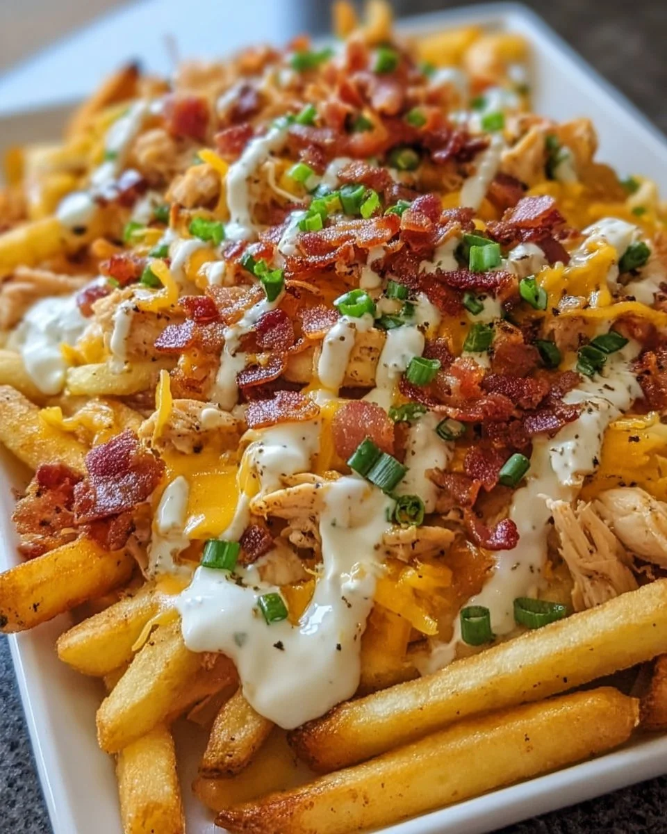 Loaded chicken and bacon fries topped with cheese and herbs