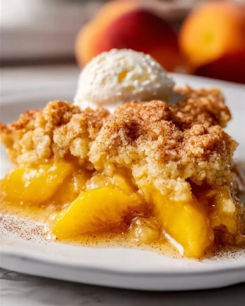 Delicious Magic Peach Cobbler served in a baking dish with fresh peaches