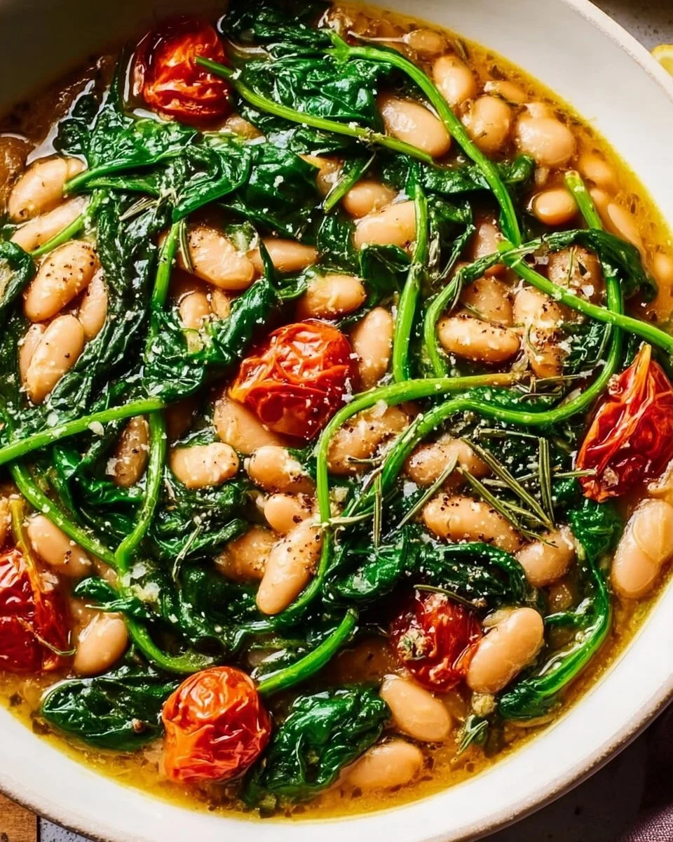 Mediterranean white beans and greens dish served in a bowl