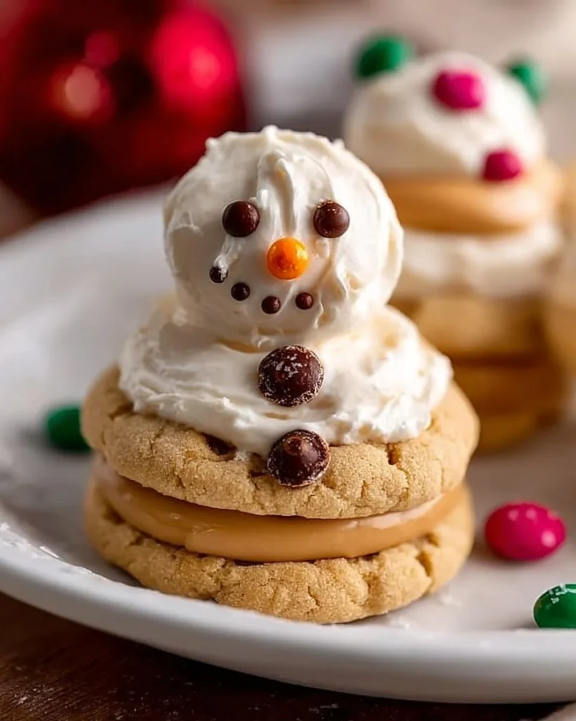 Melted Snowman Peanut Butter Cookies decorated for festive holiday cheer