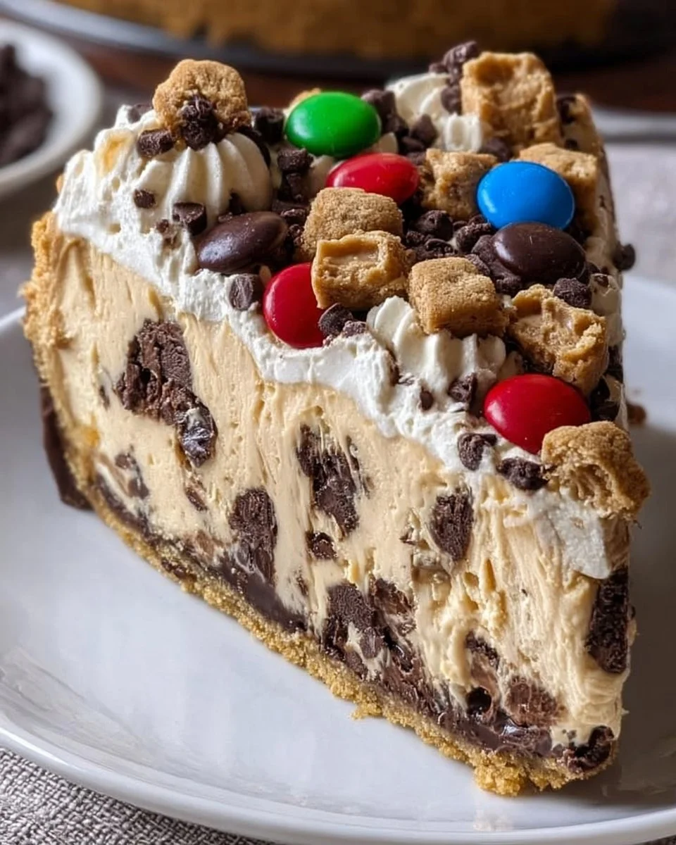 Delicious Monster Cookie Peanut Butter Cheesecake Pie with colorful toppings