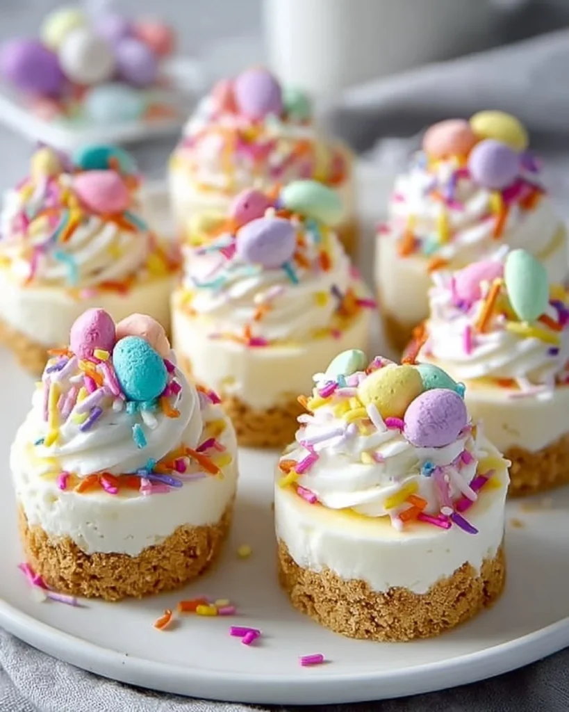 Delicious no-bake mini cheesecakes topped with fresh fruit and whipped cream