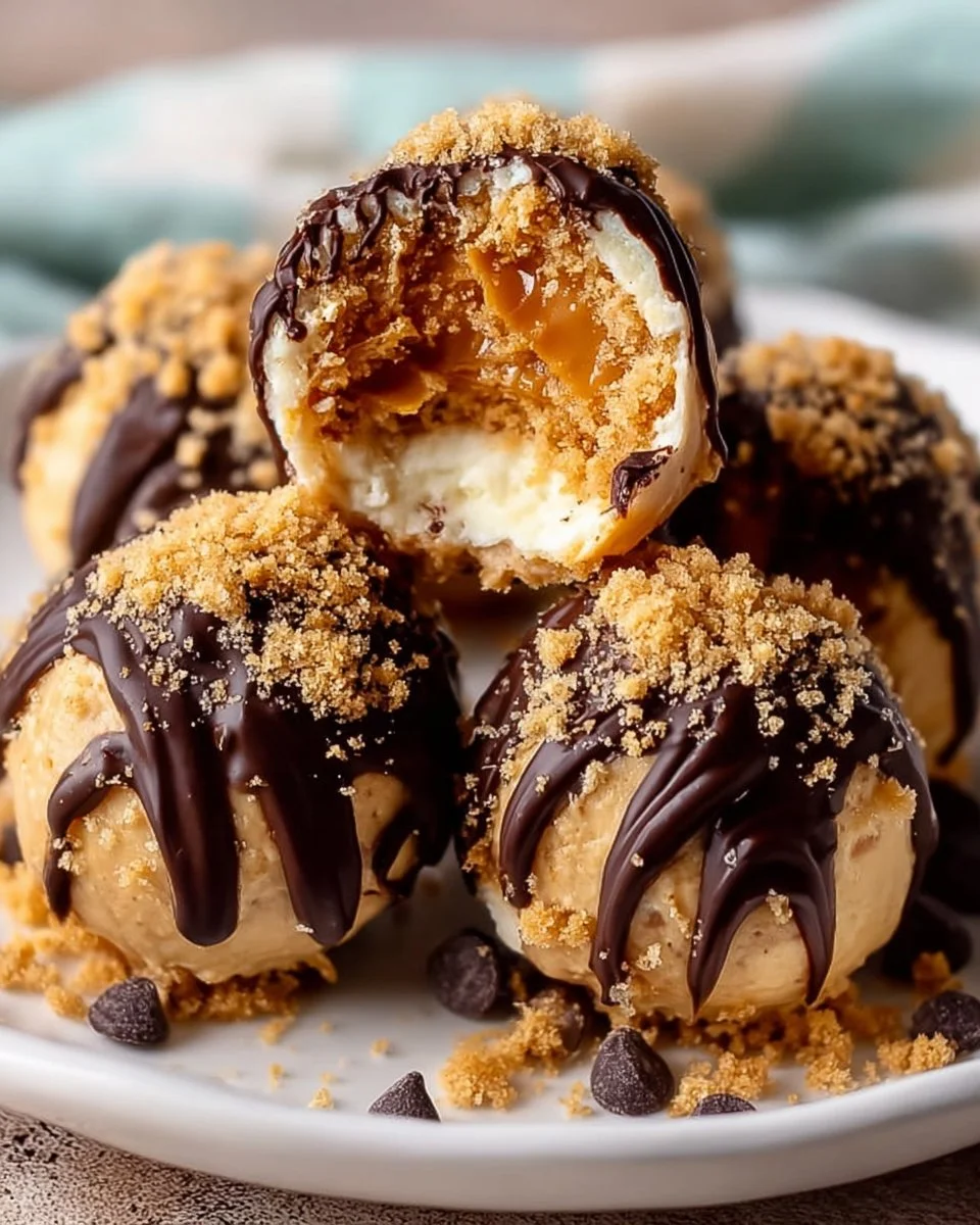 No-Bake Peanut Butter Cheesecake Balls served on a plate with chocolate drizzle.