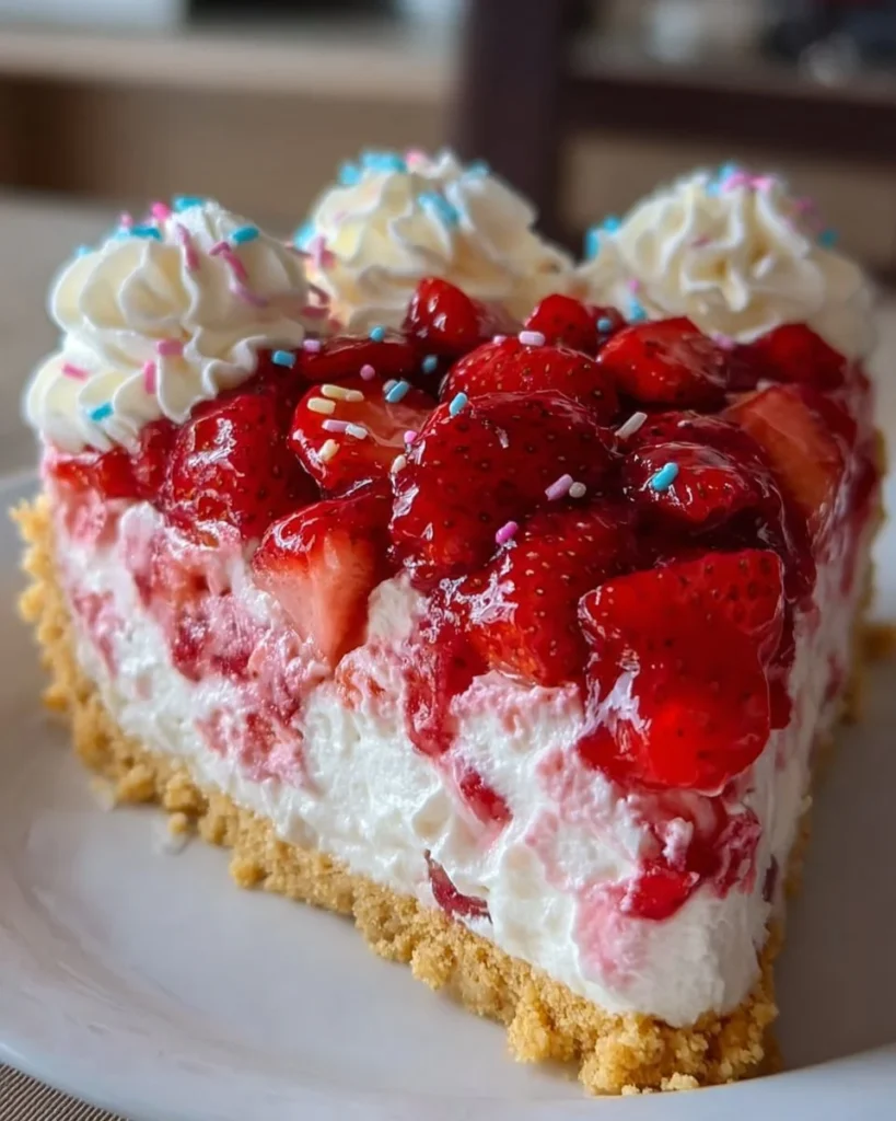 No-Bake Strawberry Dream Pie topped with fresh strawberries and whipped cream