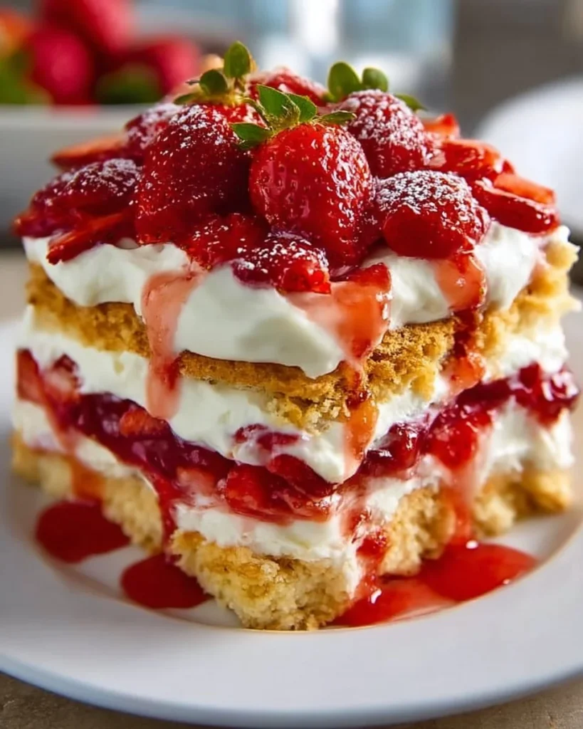 Delicious no-bake strawberry shortcake with fresh strawberries and cream