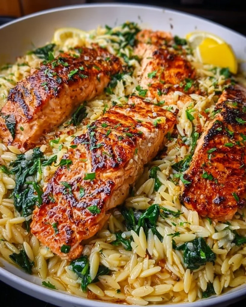 One skillet salmon with lemon orzo dish ready to be served.