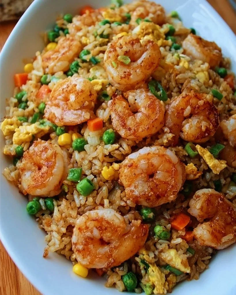 Delicious one-skillet shrimp fried rice garnished with vegetables and herbs.