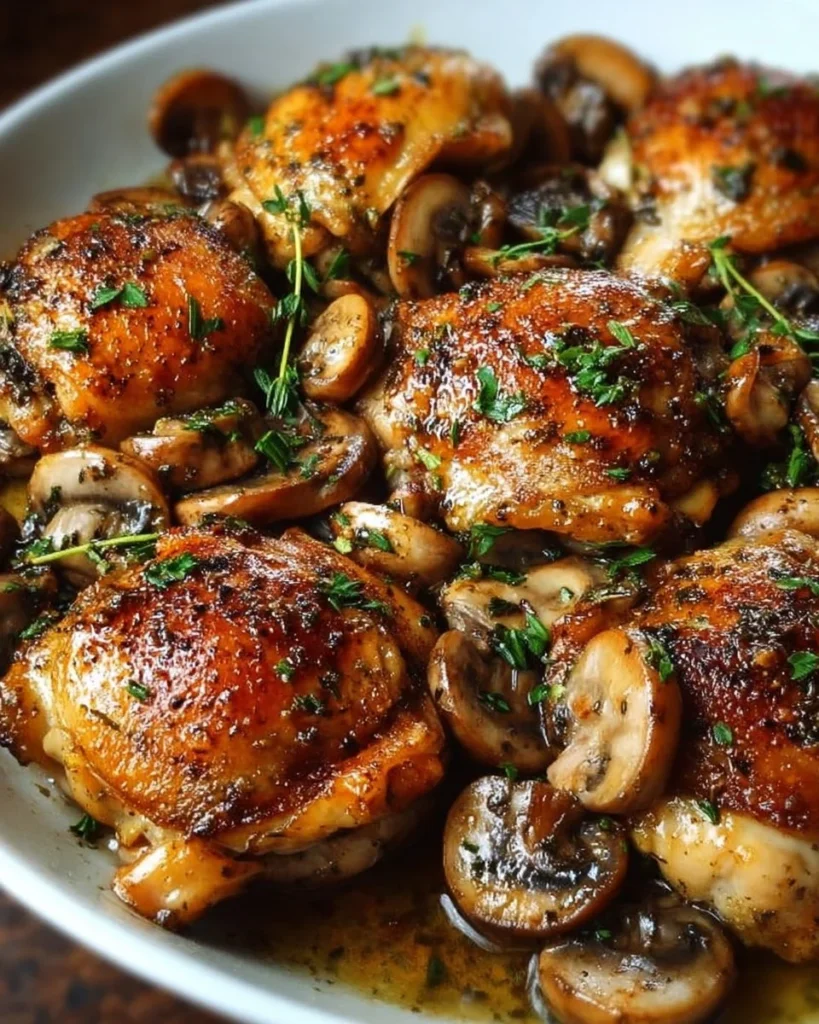 Oven baked chicken thighs with mushrooms served on a plate