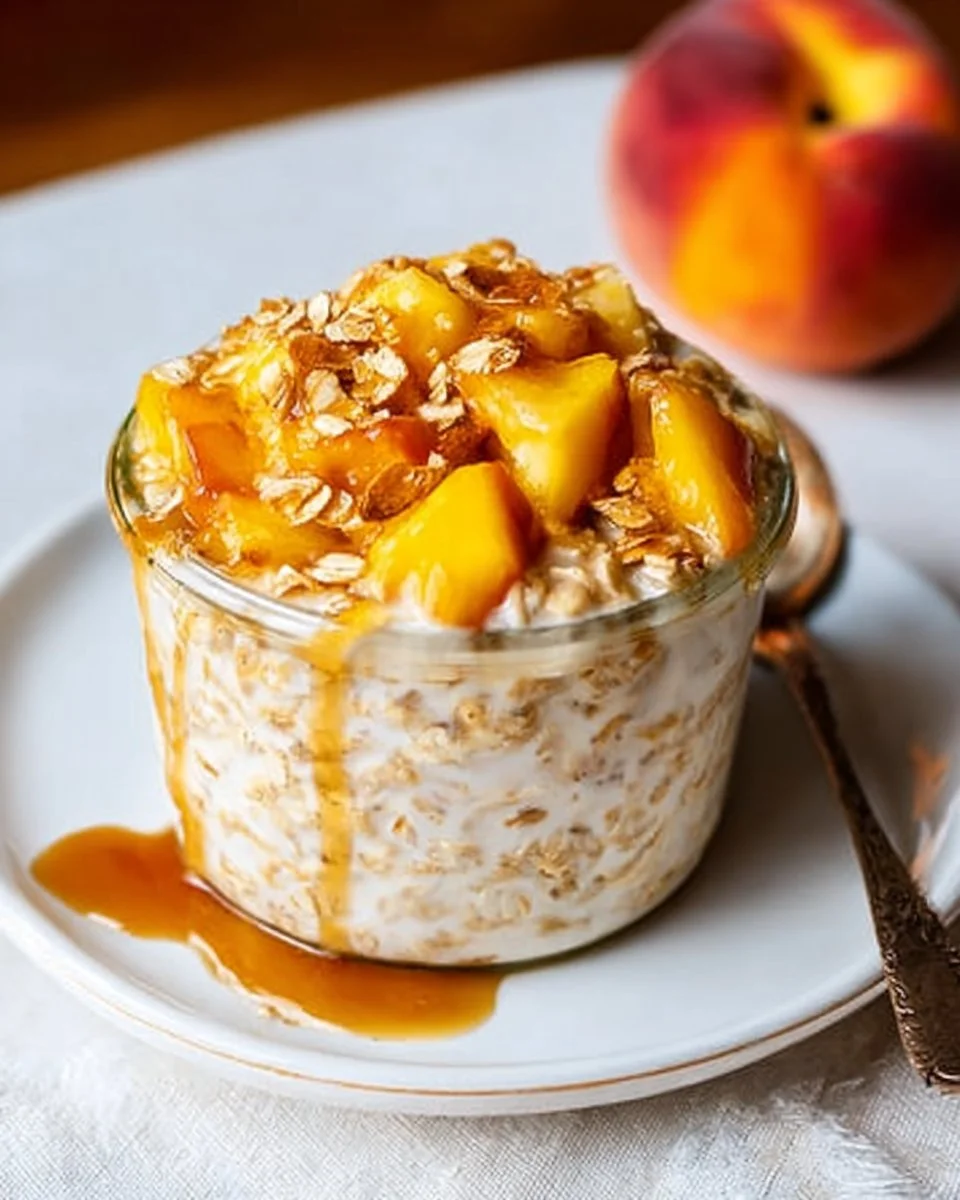 Delicious Peach Cobbler Overnight Oats in a bowl with fresh peaches and oats