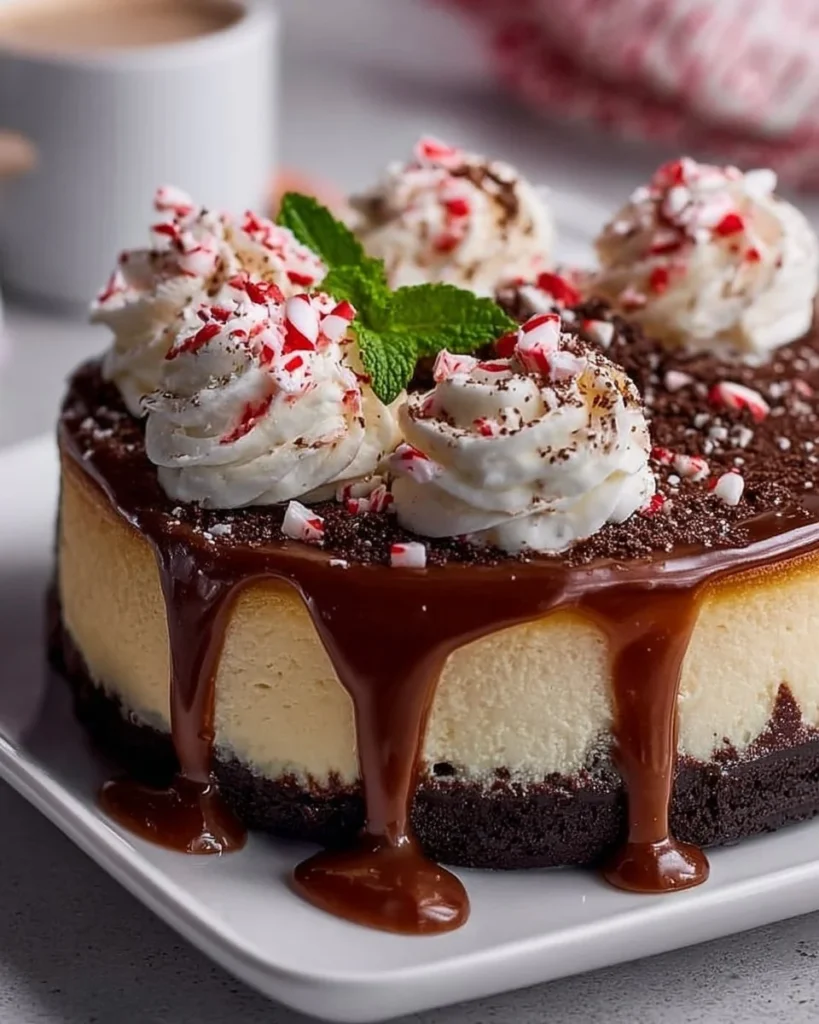 Slice of Peppermint Mocha Cheesecake topped with chocolate shavings.
