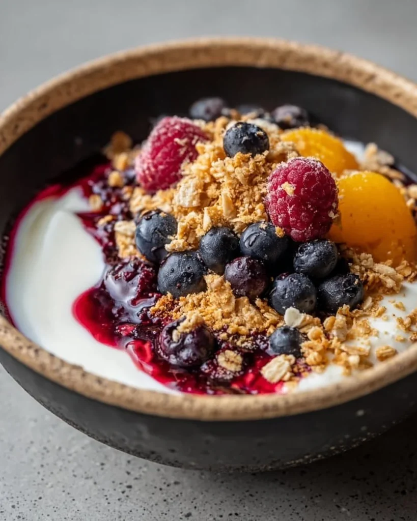 Protein Packed Berry Cheesecake Breakfast Bowl topped with fresh berries and nuts