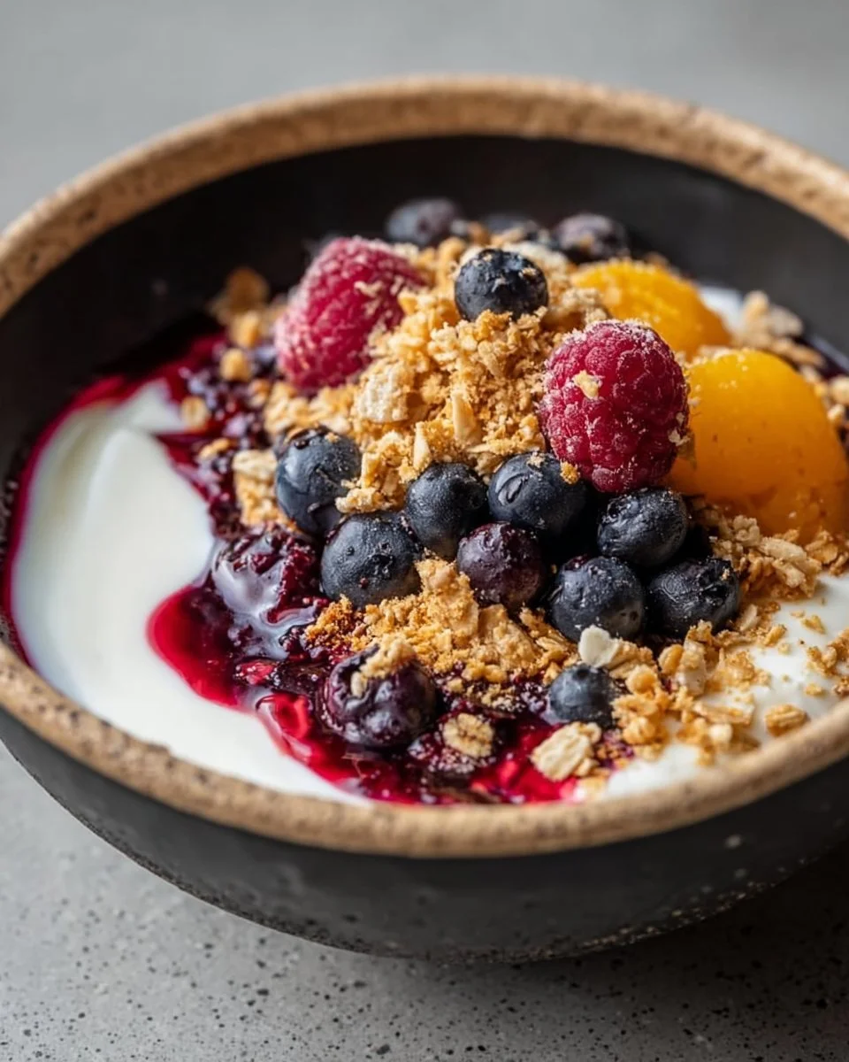 Protein Packed Berry Cheesecake Breakfast Bowl topped with fresh berries and nuts