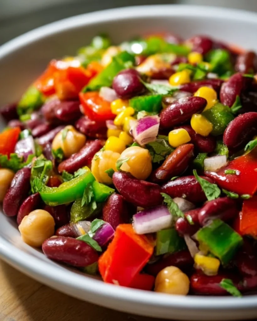 Colorful Rainbow Bean Salad with mixed vegetables and dressing