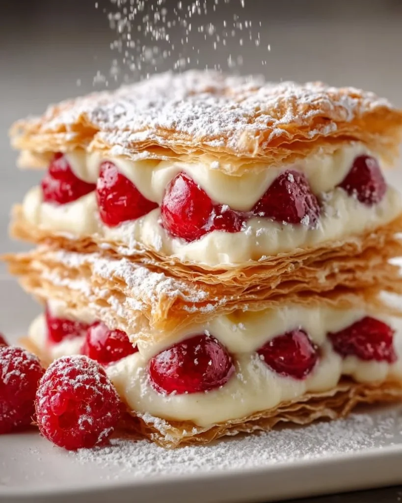Raspberry Vanilla Layered Pastry with fresh raspberries and cream
