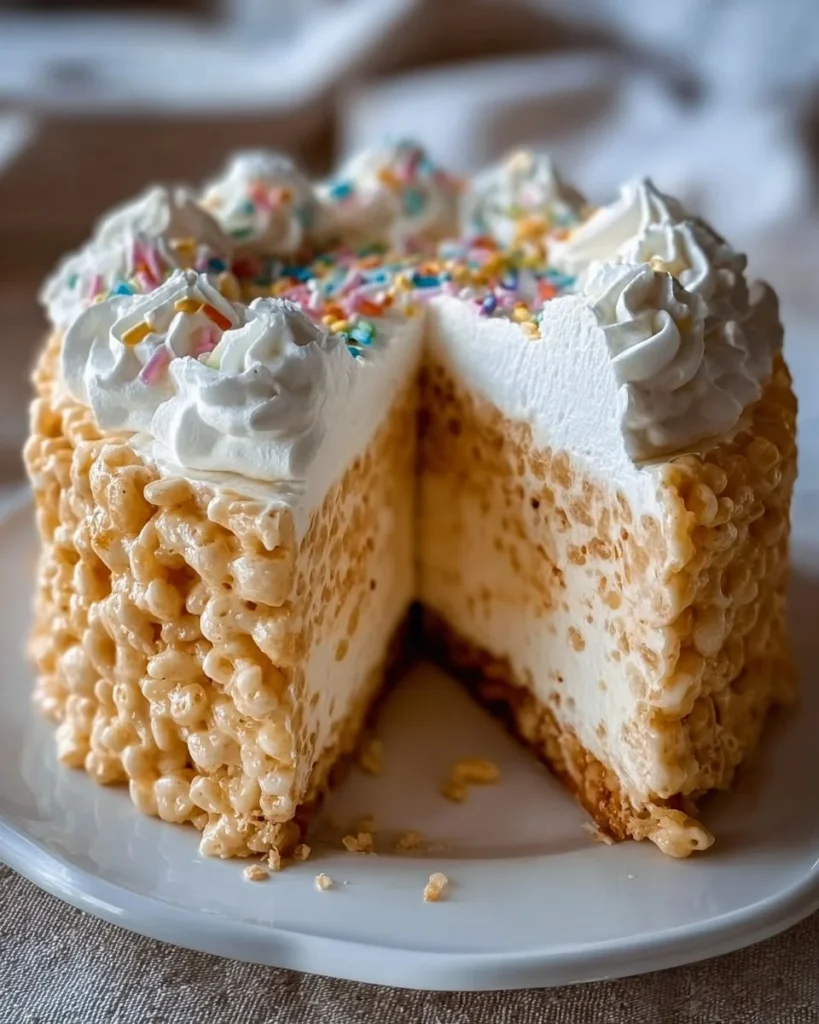 Delicious Rice Krispie Treat Cheesecake topped with crispy treats and creamy layers