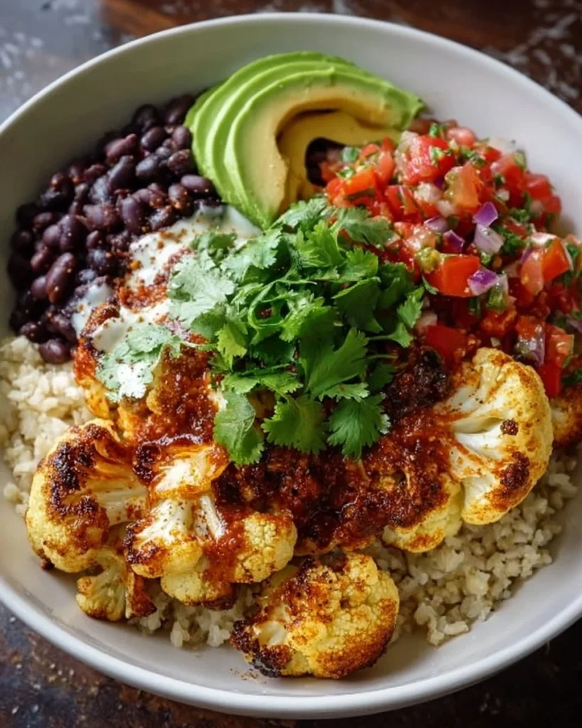 Roasted cauliflower burrito bowls with fresh toppings and spices