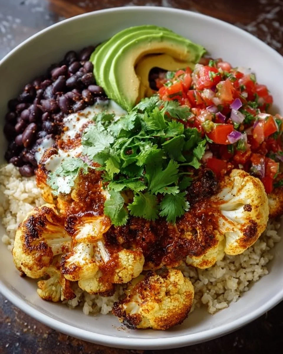Roasted cauliflower burrito bowls with fresh toppings and spices