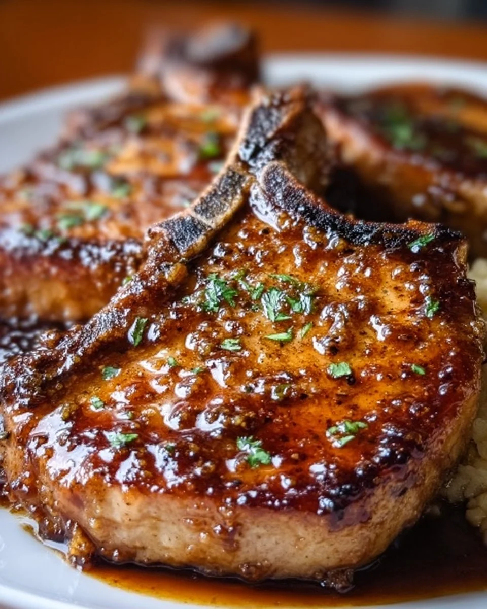 Savory caramelized brown sugar pork chops on a plate