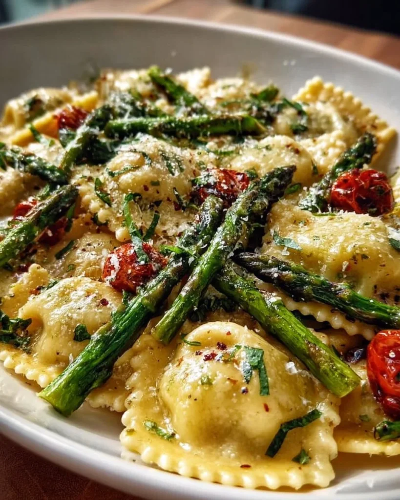 A colorful sheet pan ravioli asparagus bake fresh out of the oven.