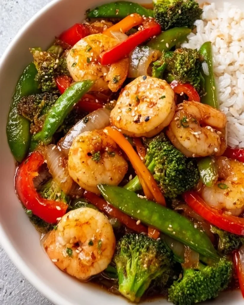 Colorful shrimp stir fry with vegetables in a skillet