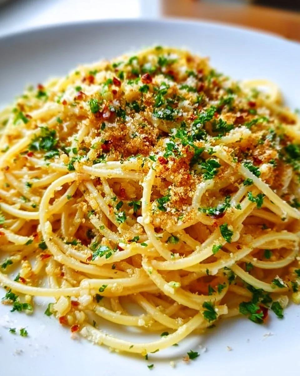 Plate of spaghetti with garlic and oil garnished with parsley