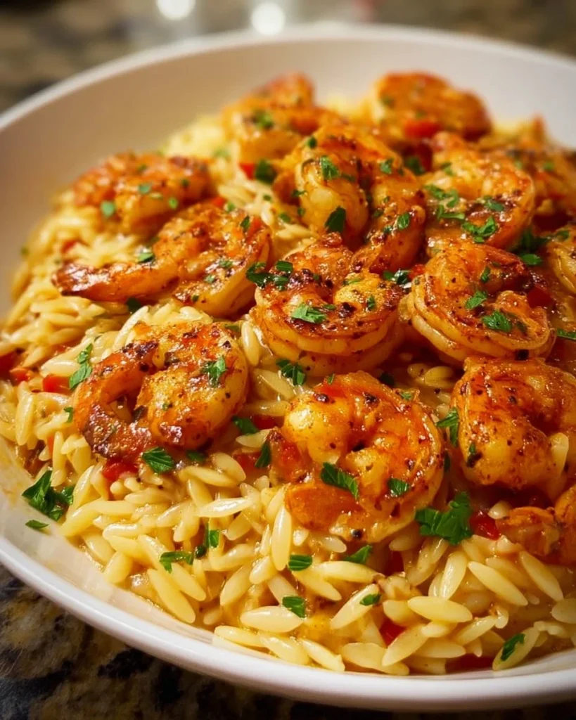 Delicious spicy Cajun shrimp served with creamy orzo pasta.