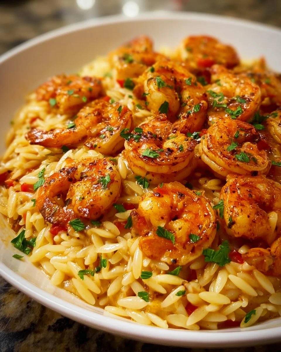 Delicious spicy Cajun shrimp served with creamy orzo pasta.