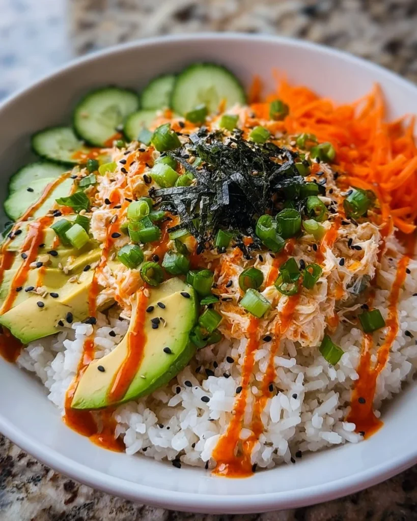 Delicious Spicy Crab Sushi Bowl topped with fresh ingredients and vibrant flavors