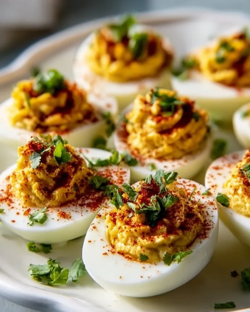 Spicy Mexican deviled eggs garnished with cilantro and jalapeños
