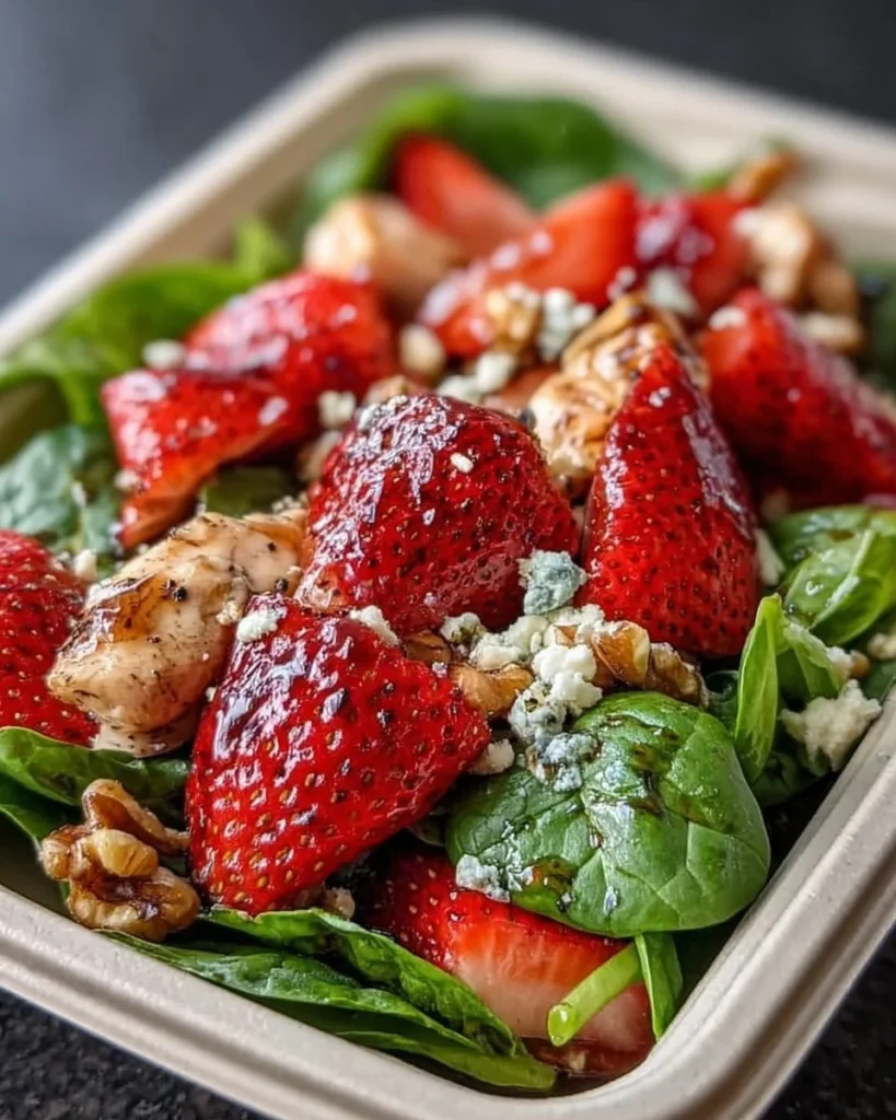 Spinach and strawberry meal-prep salad in a bowl with fresh ingredients