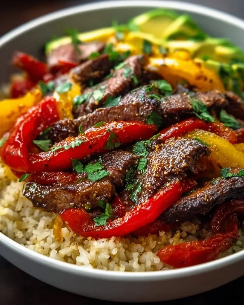Steak Fajita Power Bowl with grilled steak and fresh vegetables
