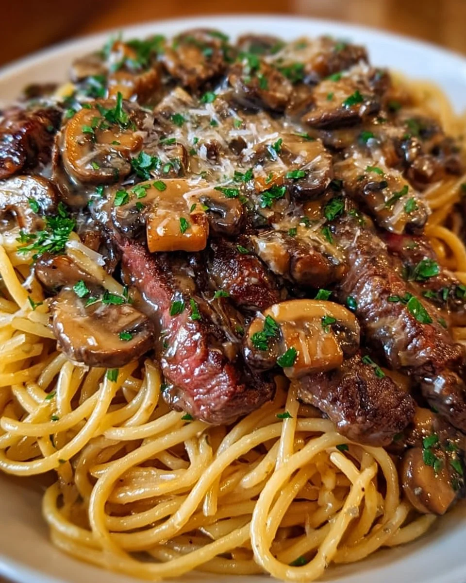 Steak Spaghetti with Mushrooms and Onions served on a plate
