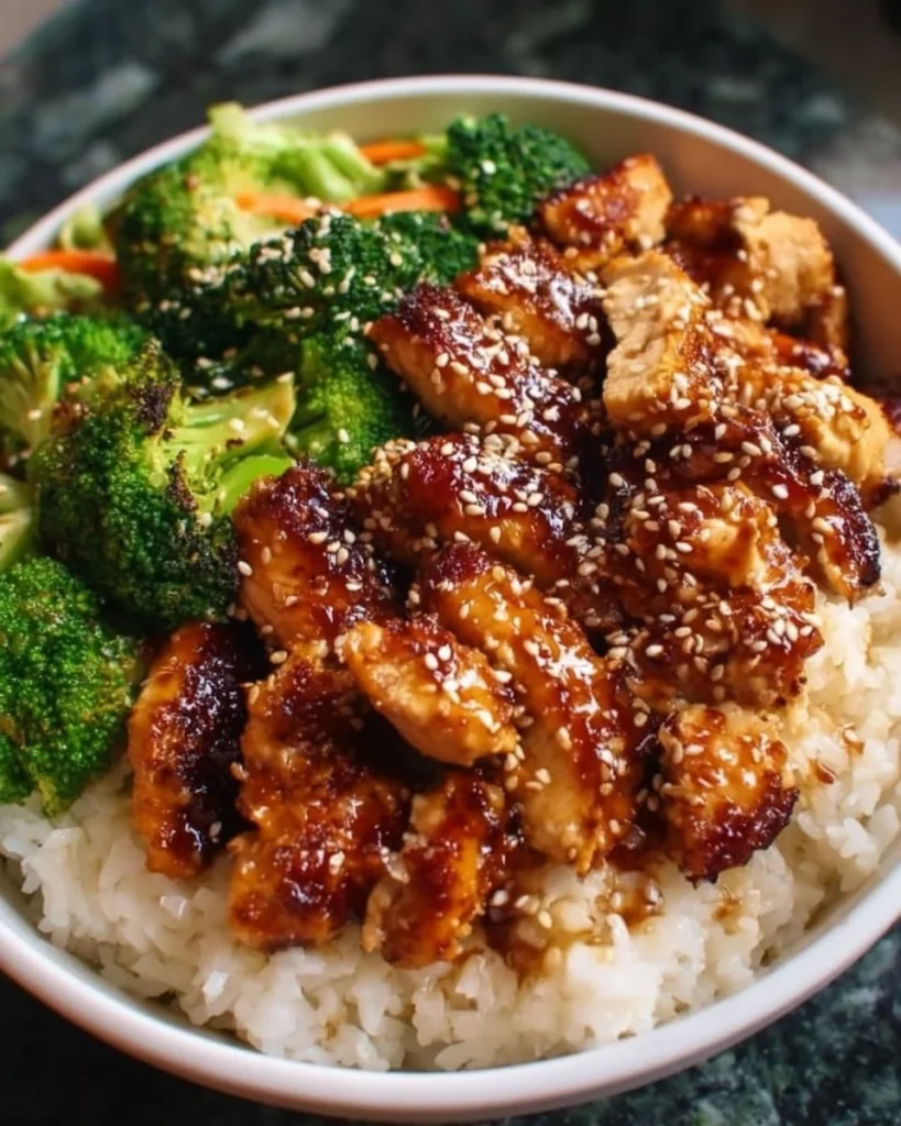 Delicious Sticky Chicken Bowls with rice and vegetables