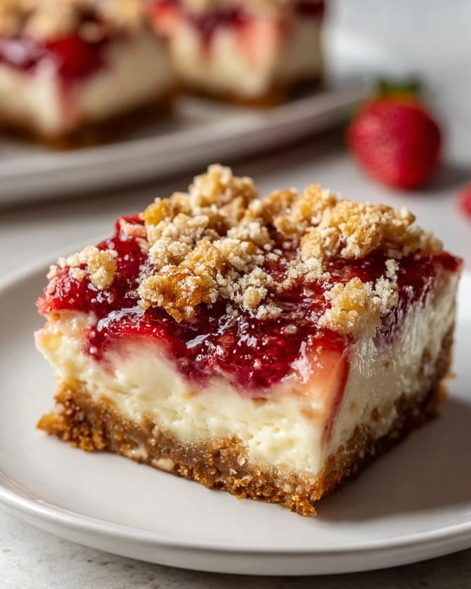 Strawberry cheesecake pretzel crumble skillet bars topped with fresh strawberries.