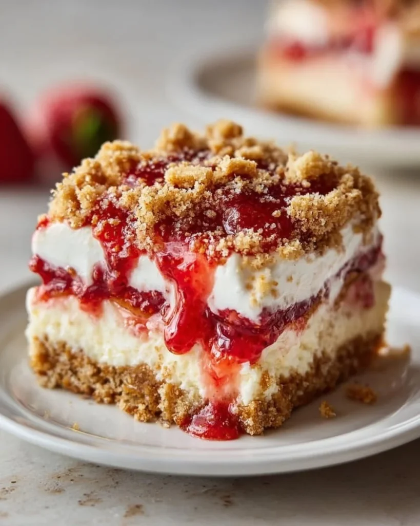 Delicious Strawberry Cheesecake Pretzel Crunch Bars with a crunchy crust and fresh strawberries.