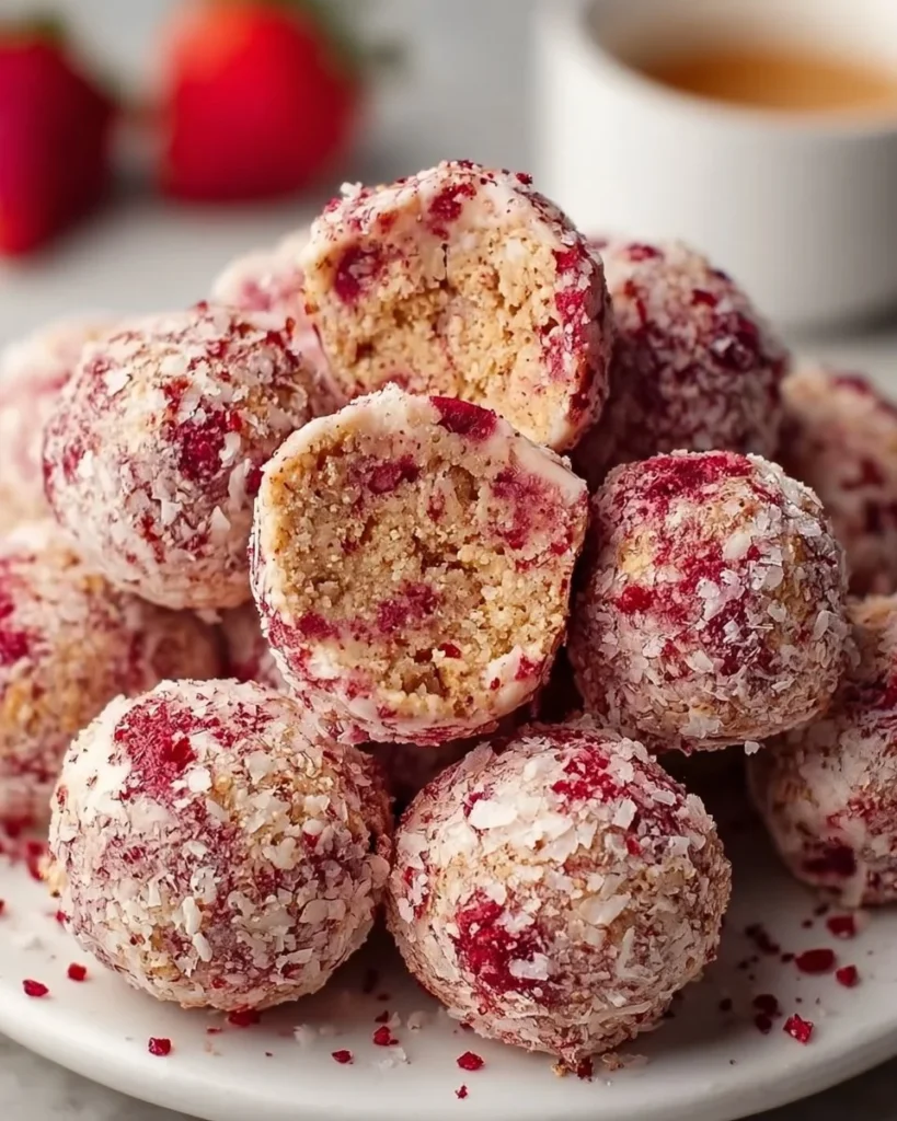 Delicious strawberry cheesecake protein balls on a plate, healthy snack option.