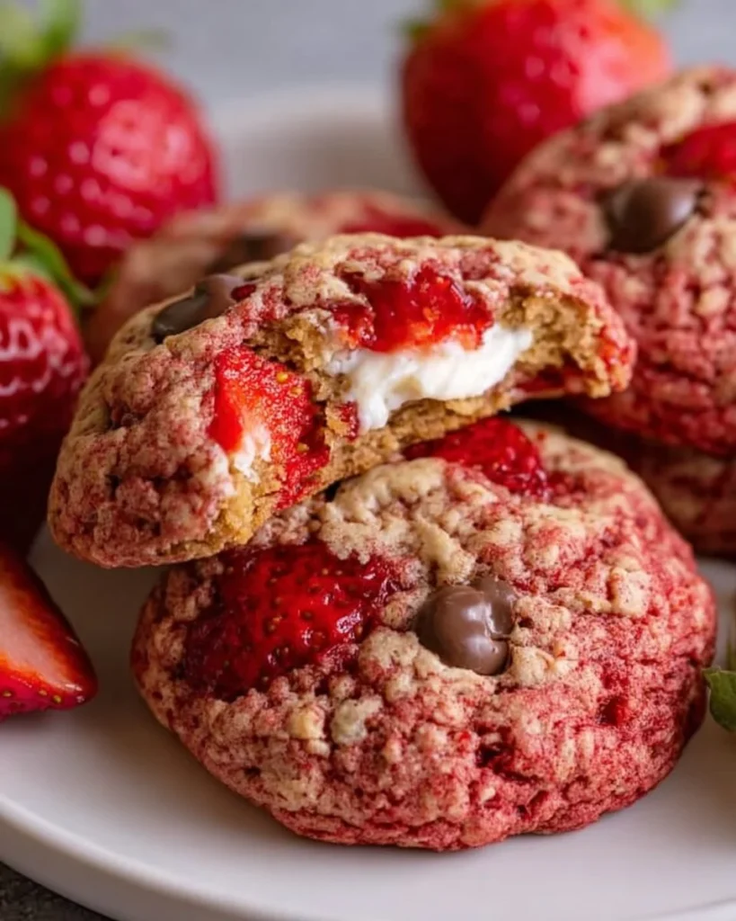 Freshly baked strawberry cookies on a cooling rack