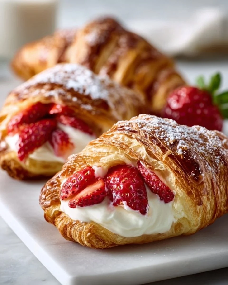 Strawberry cream cheese danish croissants on a wooden table