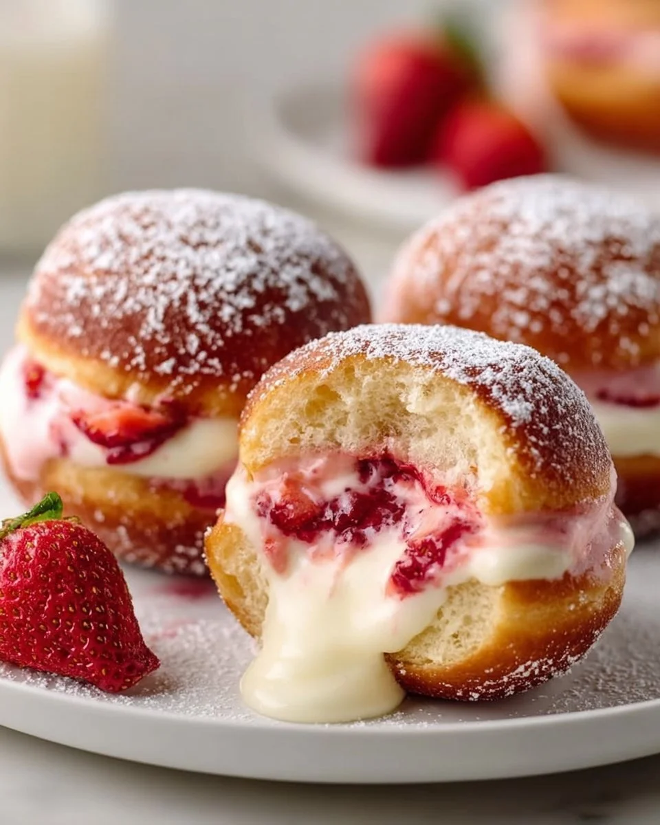 Strawberry cream stuffed brioche donuts on a plate