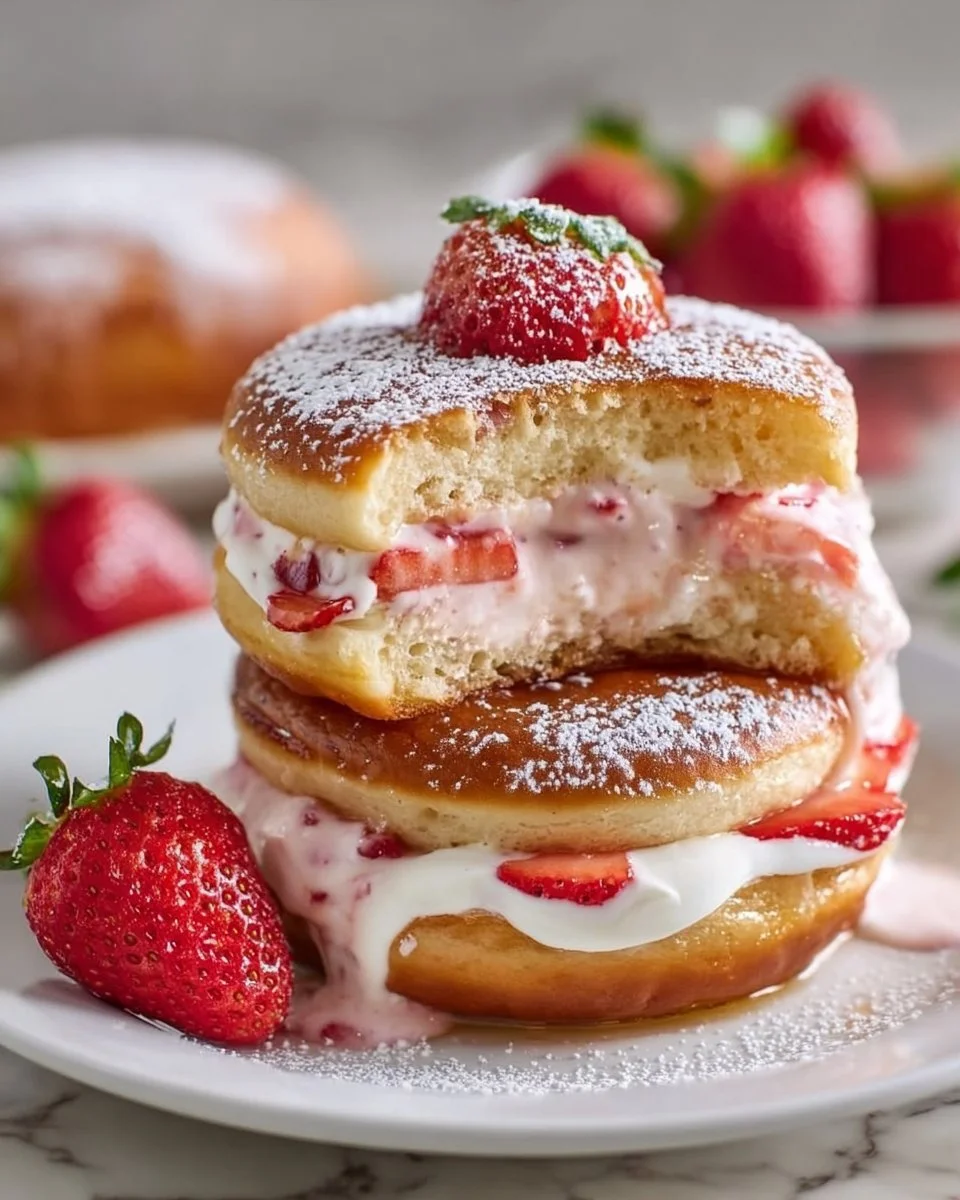Strawberry cream stuffed donut pancake stack with fresh strawberries and whipped cream