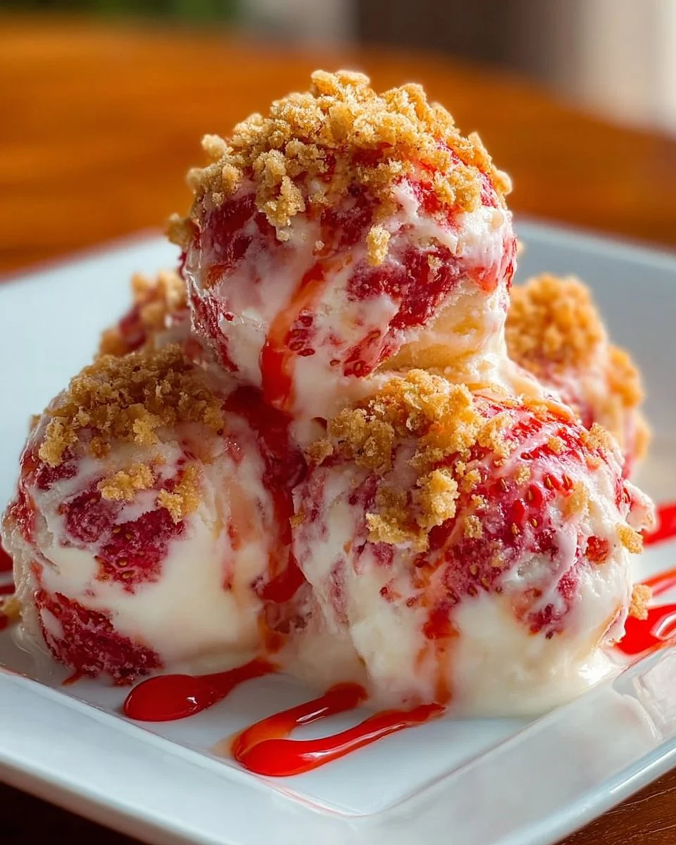 Delicious strawberry crunch ice cream served in a bowl with toppings