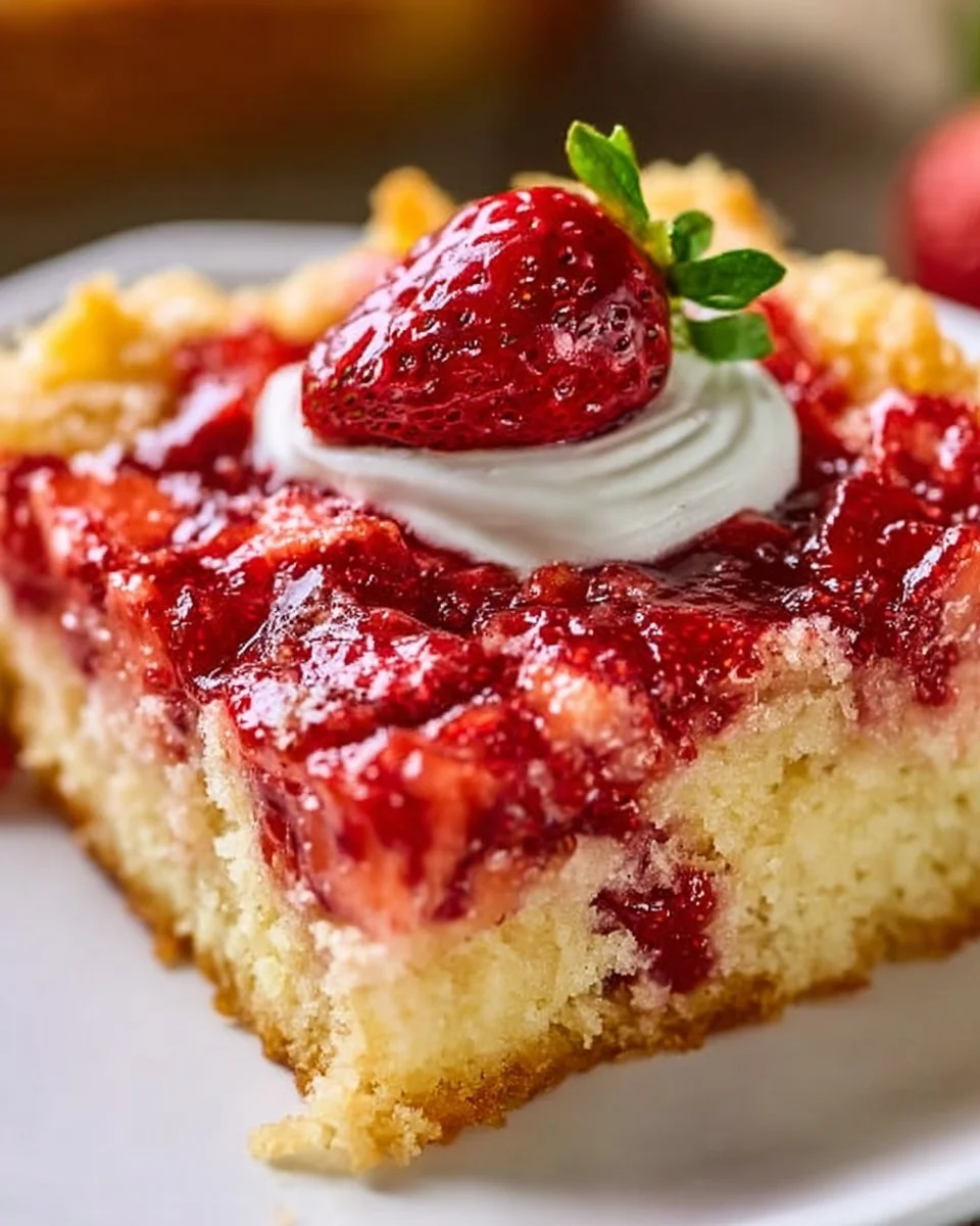 Delicious strawberry dump cake topped with fresh strawberries and whipped cream