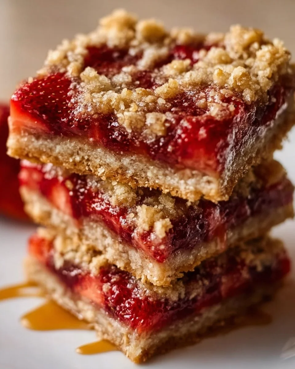 Homemade Strawberry Oatmeal Bars fresh from the oven with berries on top